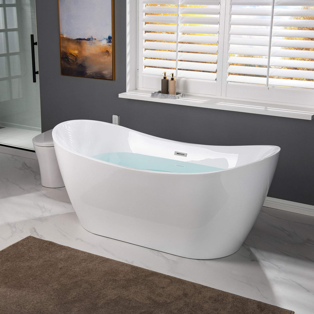WOODBRIDGE 71" Acrylic Freestanding Bathtub Contemporary Soaking White Tub with Brushed Gold Overflow and Drain,B0017-BG