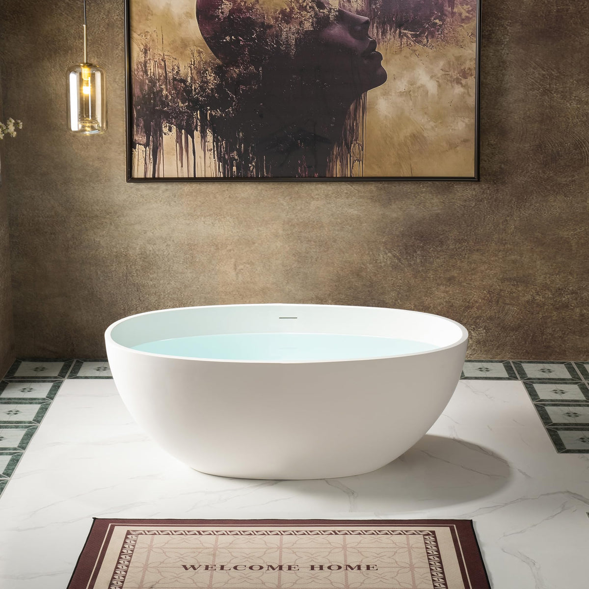 WOODBRIDGE 61" Stone Resin Freestanding Soaking Tub, Modern Oval Solid Surface Bathtub with Integrated Slotted Overflow & Drain, Matte White