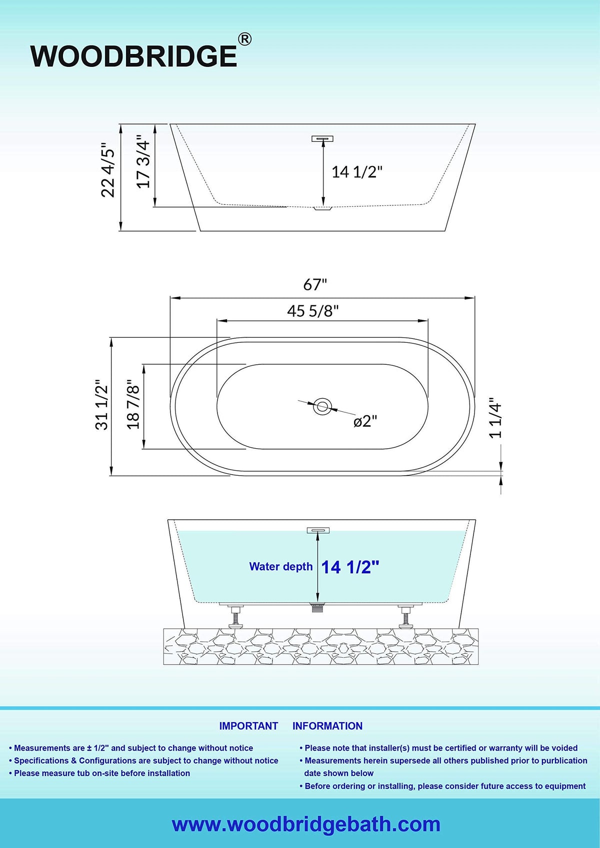 WOODBRIDGE 54" Acrylic Freestanding Bathtub Contemporary Soaking White Tub with Matte Black Overflow and Drain,BTA1702-MB