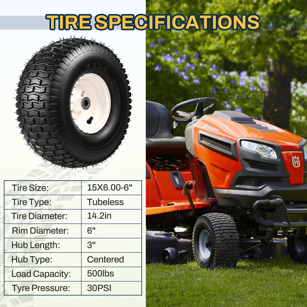 15x6.00-6 Flat Free Lawn Mower Tire and Wheel, 15x6-6 Front Tire Assembly