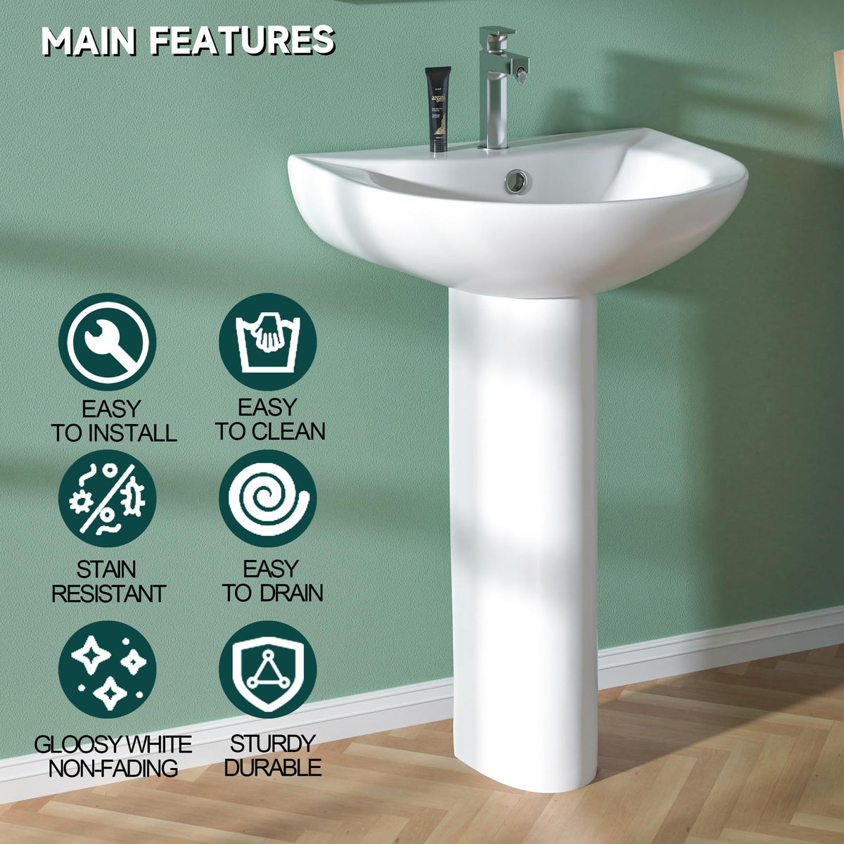 Miuara Freestanding 23 x19 Inch White Pedestal Sink 3 Hole for Bathroom