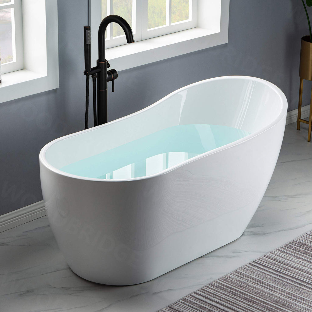 WOODBRIDGE 59" Acrylic Freestanding Bathtub Contemporary Soaking White Tub with Brushed Nickel Overflow and Drainï¼B-1530 -B/N-Drain &O