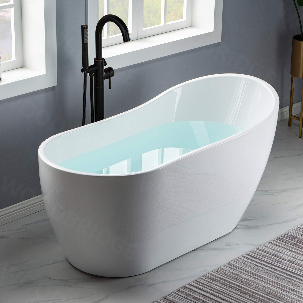 WOODBRIDGE 59" Acrylic Freestanding Bathtub Contemporary Soaking White Tub with Brushed Nickel Overflow and Drainï¼B-1530 -B/N-Drain &O