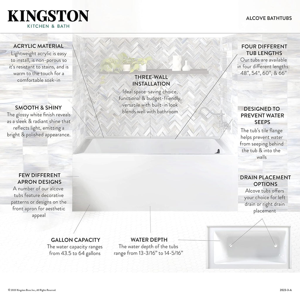 Kingston Brass Aqua Eden VTAP603622R 60-Inch Acrylic Alcove Tub with Right Hand Drain, White