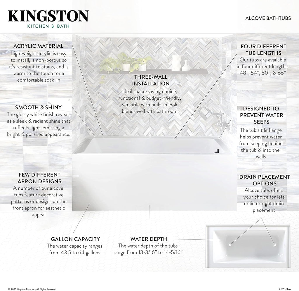Kingston Brass VTAP603222L Aqua Eden 60-Inch Acrylic Alcove Tub with Left Hand Drain Hole, L 60" x W 32" x H 21-5/8"D, White