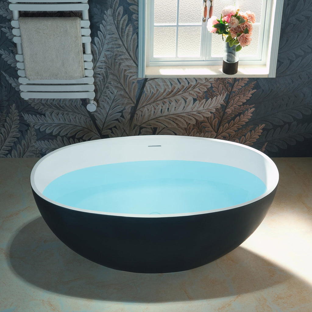 WOODBRIDGE 61" Stone Resin Freestanding Soaking Tub, Modern Oval Solid Surface Bathtub with Integrated Slotted Overflow & Drain, Matte White