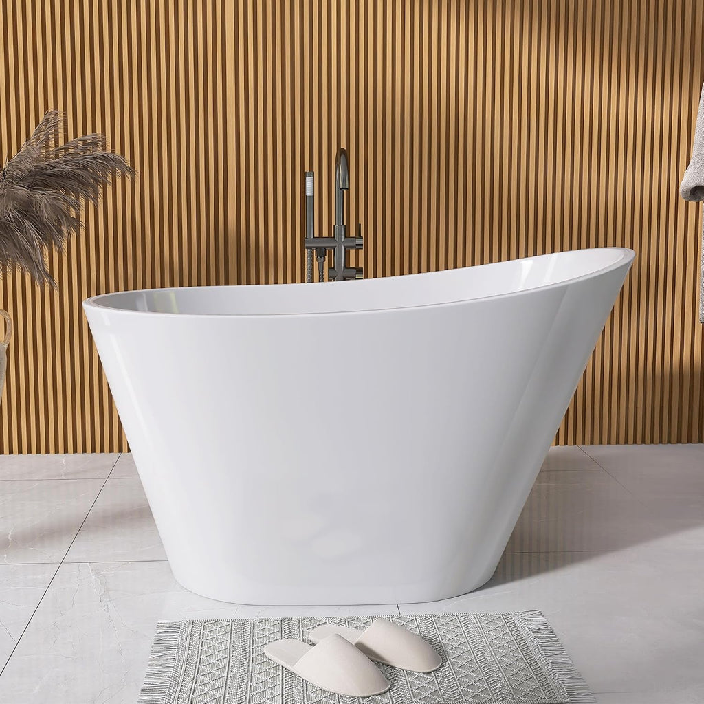 GETPRO Free Standing Tub 51" Deep Soaking Bath Tub, Oval Shape Acrylic Freestanding Bathtub with Integrated Slotted Overflow and Removable Anti-clogging Drain Glossy White