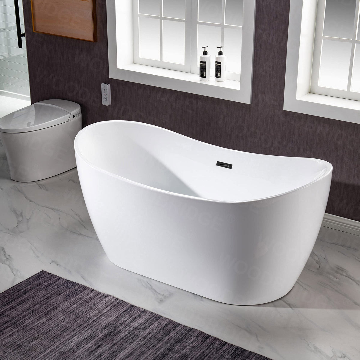WOODBRIDGE 71" Acrylic Freestanding Bathtub Contemporary Soaking White Tub with Brushed Gold Overflow and Drain,B0017-BG