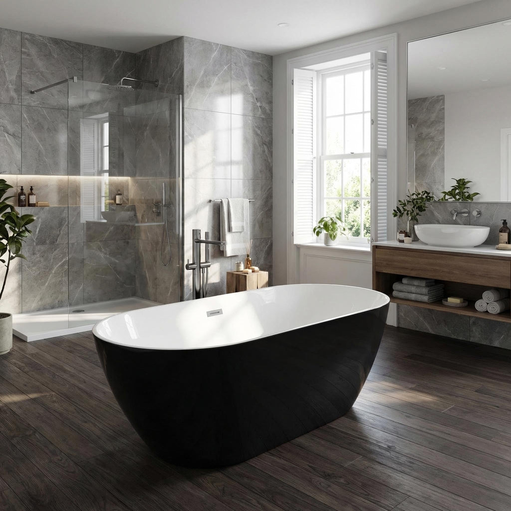 59" Acrylic Freestanding Bathtub, Modern Soaking Tub with Matte Drain and Overflow, Ergonomic Deep Design, Double-Walled Insulation, CUPC Certified, Easy Clean, Slip-Resistant, Gloss White