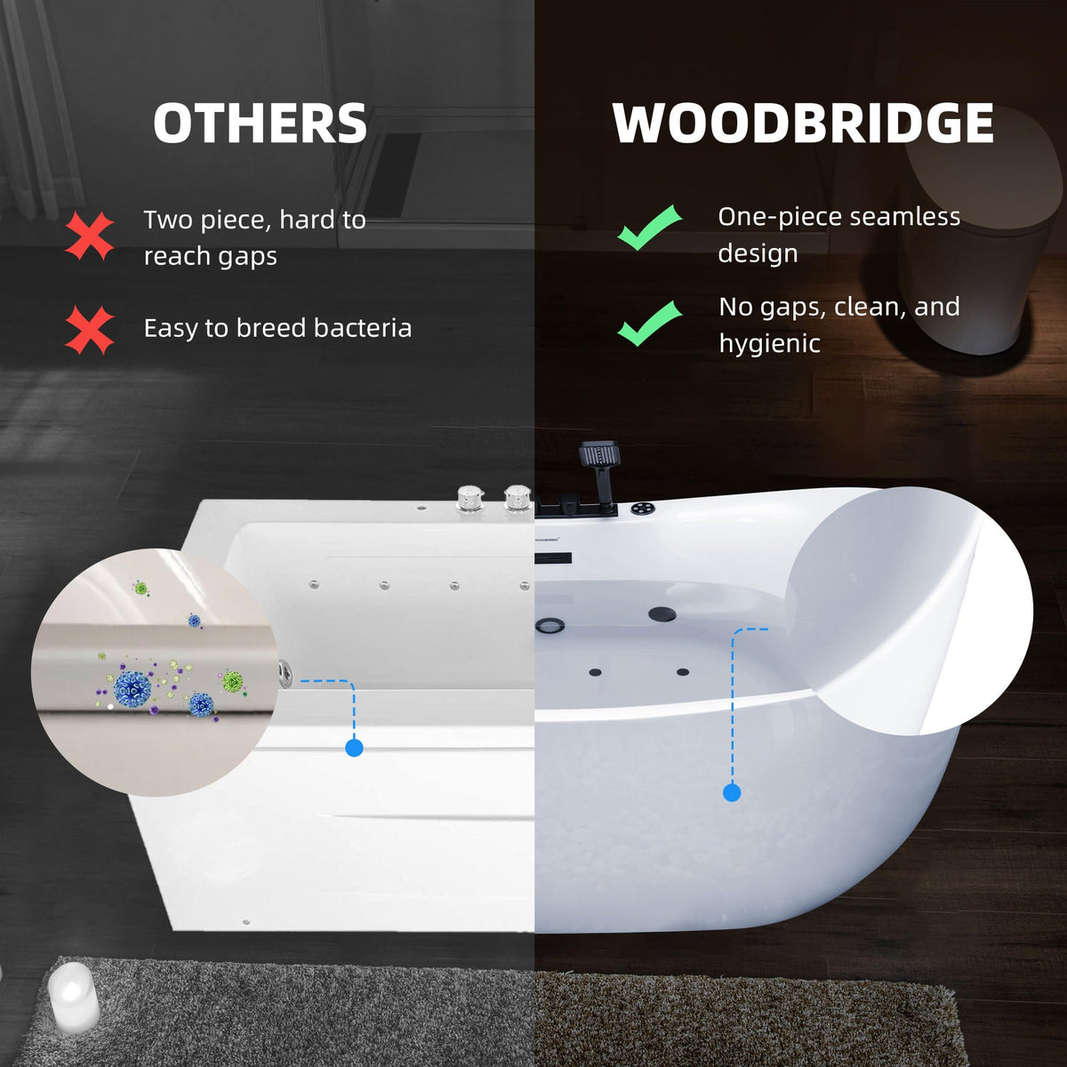 WOODBRIDGE 72"Ã35-3/8" Double Slipper Whirlpool&Air, Heated Soaking Bathtub