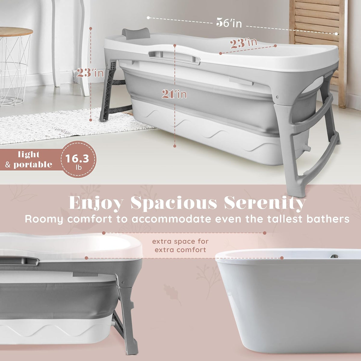 Portable Bathtub for Adults, 56" Foldable Collapsible Soaking Bath/Ice Bath