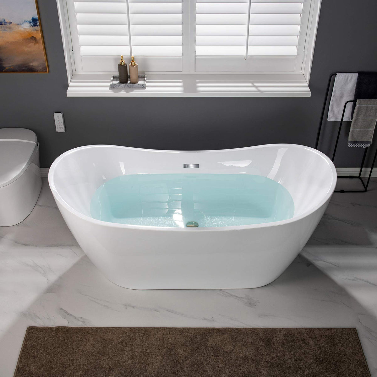WOODBRIDGE 71" Acrylic Freestanding Bathtub Contemporary Soaking White Tub with Brushed Gold Overflow and Drain,B0017-BG