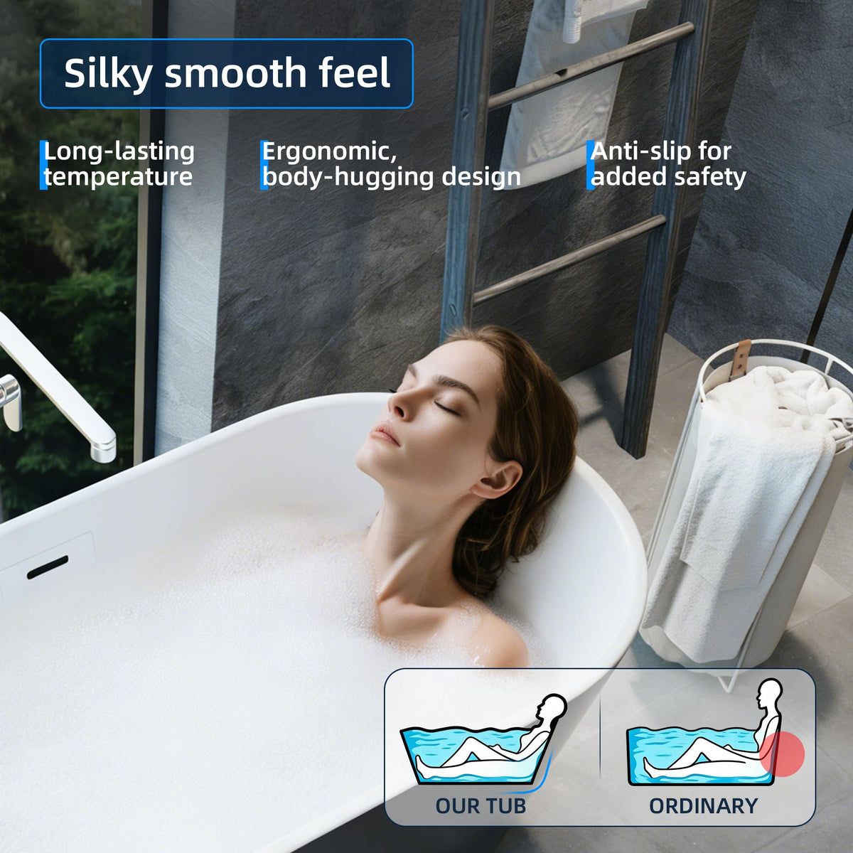 59" Acrylic Freestanding Bathtub, Modern Soaking Tub with Matte Drain and Overflow, Ergonomic Deep Design, Double-Walled Insulation, CUPC Certified, Easy Clean, Slip-Resistant, Gloss White