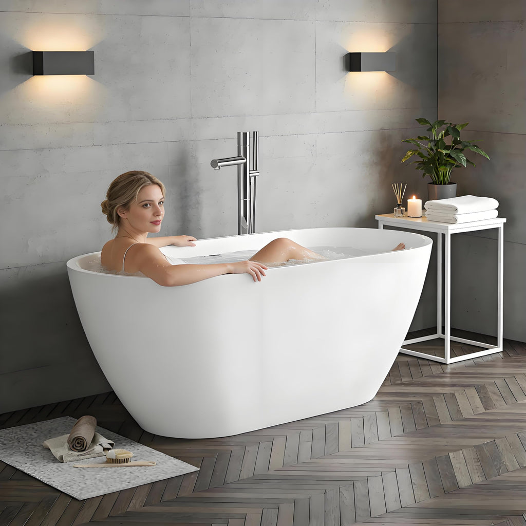 59" Acrylic Freestanding Bathtub, Modern Soaking Tub with Matte Drain and Overflow, Ergonomic Deep Design, Double-Walled Insulation, CUPC Certified, Easy Clean, Slip-Resistant, Gloss White