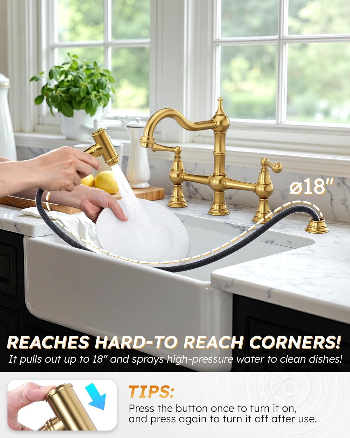 WOWOW Brass Bridge Kitchen Faucet 4 Hole with Side Sprayer, Brushed Gold