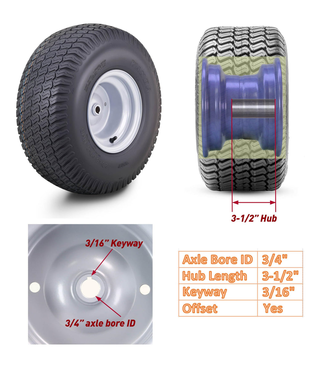 WANDA Lawn Mower Tire Wheel 18X8.5-8 4PR w/4X4" PCD Silver Rim-13028, Set 2