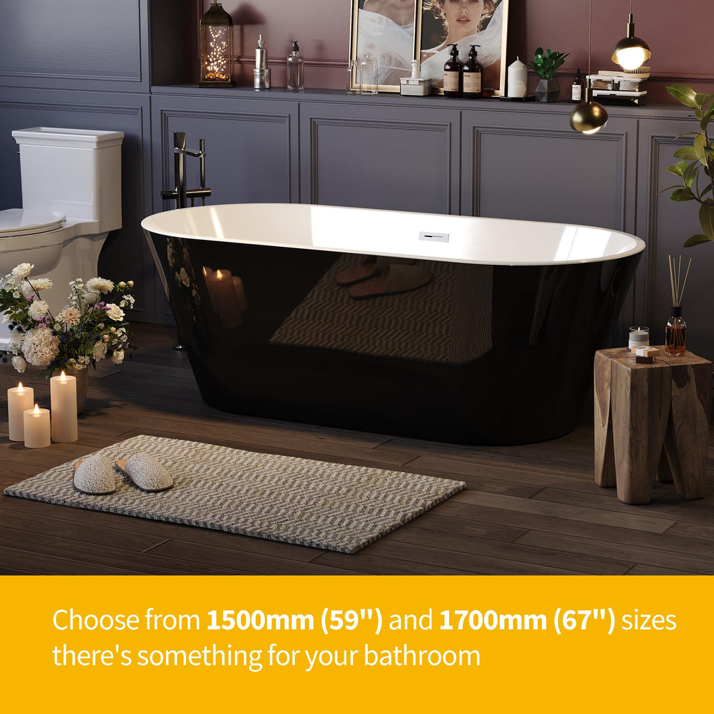 67'' Acrylic Freestanding Bathtub, Extra-Deep Soaking Free Standing Tub for Luxurious Bathing Experience, with Chrome Drain, for Main Bathroom, Black & White