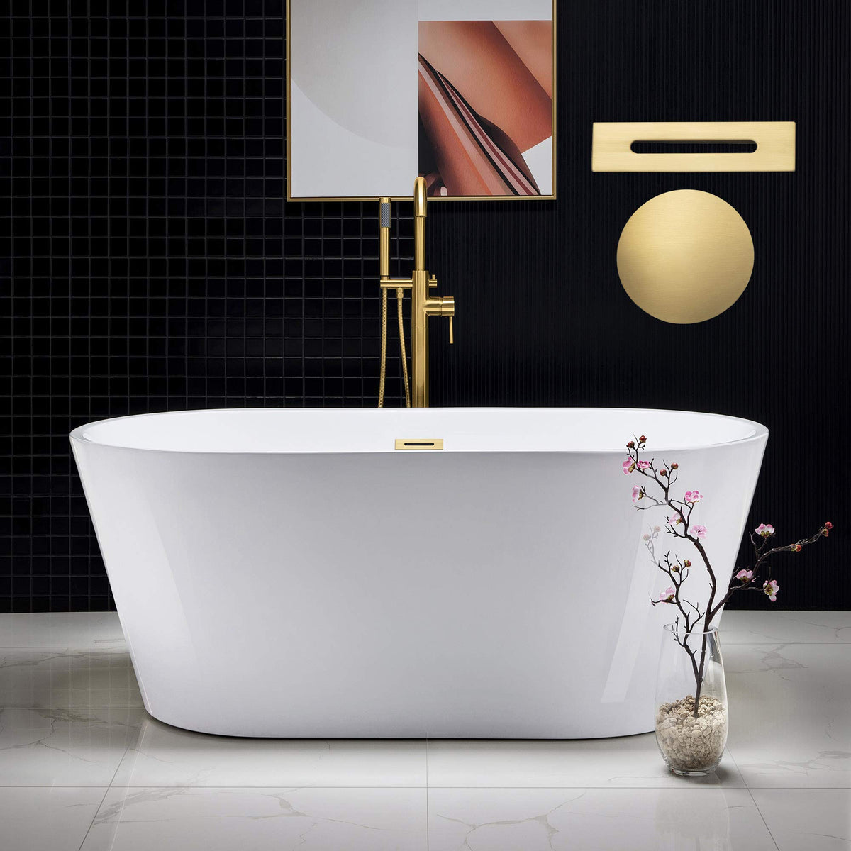 WOODBRIDGE 54" Acrylic Freestanding Bathtub Contemporary Soaking White Tub with Matte Black Overflow and Drain,BTA1702-MB