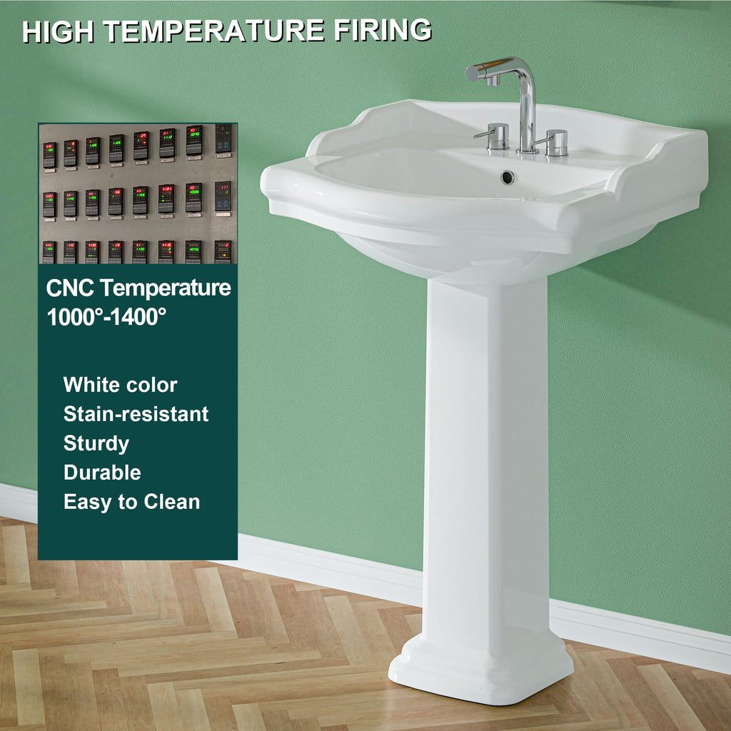 Miuara Freestanding 23 x19 Inch White Pedestal Sink 3 Hole for Bathroom