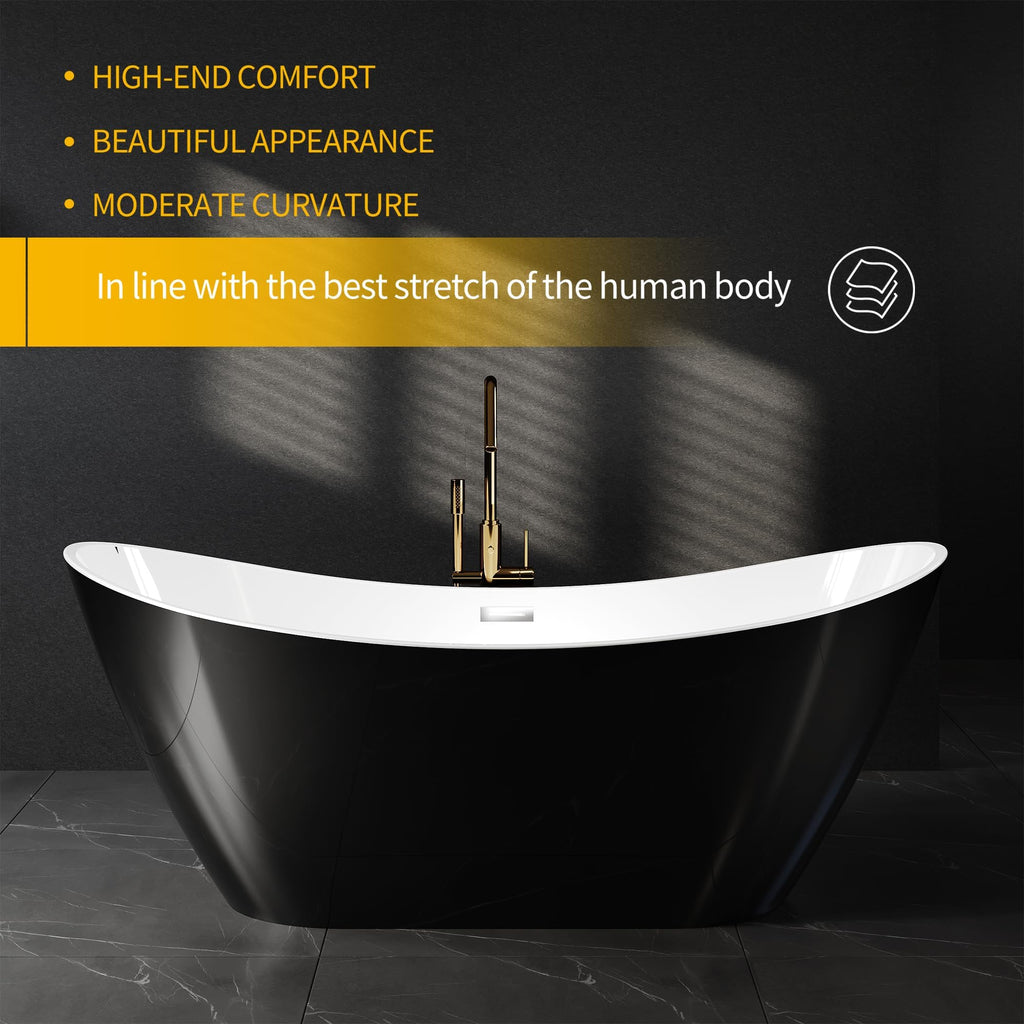 59" Acrylic Freestanding Bathtub, Modern Soaking Tub with Matte Drain and Overflow, Ergonomic Deep Design, Double-Walled Insulation, CUPC Certified, Easy Clean, Slip-Resistant, Gloss White