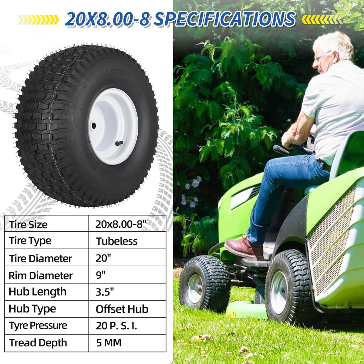 GICOOL 20x8.00-8 Lawn Mower Tire and Wheel, 4 Ply Tubeless Tire, 20x8-8nhs Riding Lawn Mower and Tractor Rear Tire and Wheel Assemblies, 3.5" Offset Hub, 3/4" Borehole, and 3/16" Keyway
