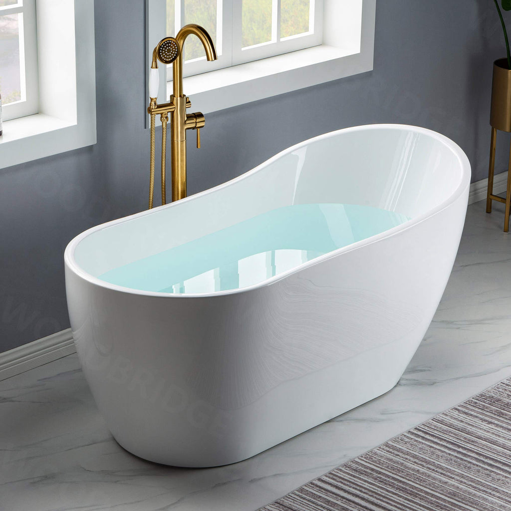 WOODBRIDGE 59" Acrylic Freestanding Bathtub Contemporary Soaking White Tub with Brushed Nickel Overflow and Drainï¼B-1530 -B/N-Drain &O