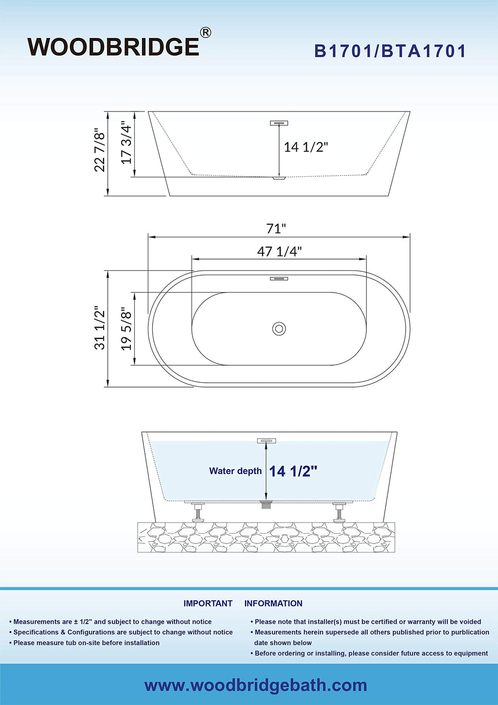 WOODBRIDGE 54" Acrylic Freestanding Bathtub Contemporary Soaking White Tub with Matte Black Overflow and Drain,BTA1702-MB
