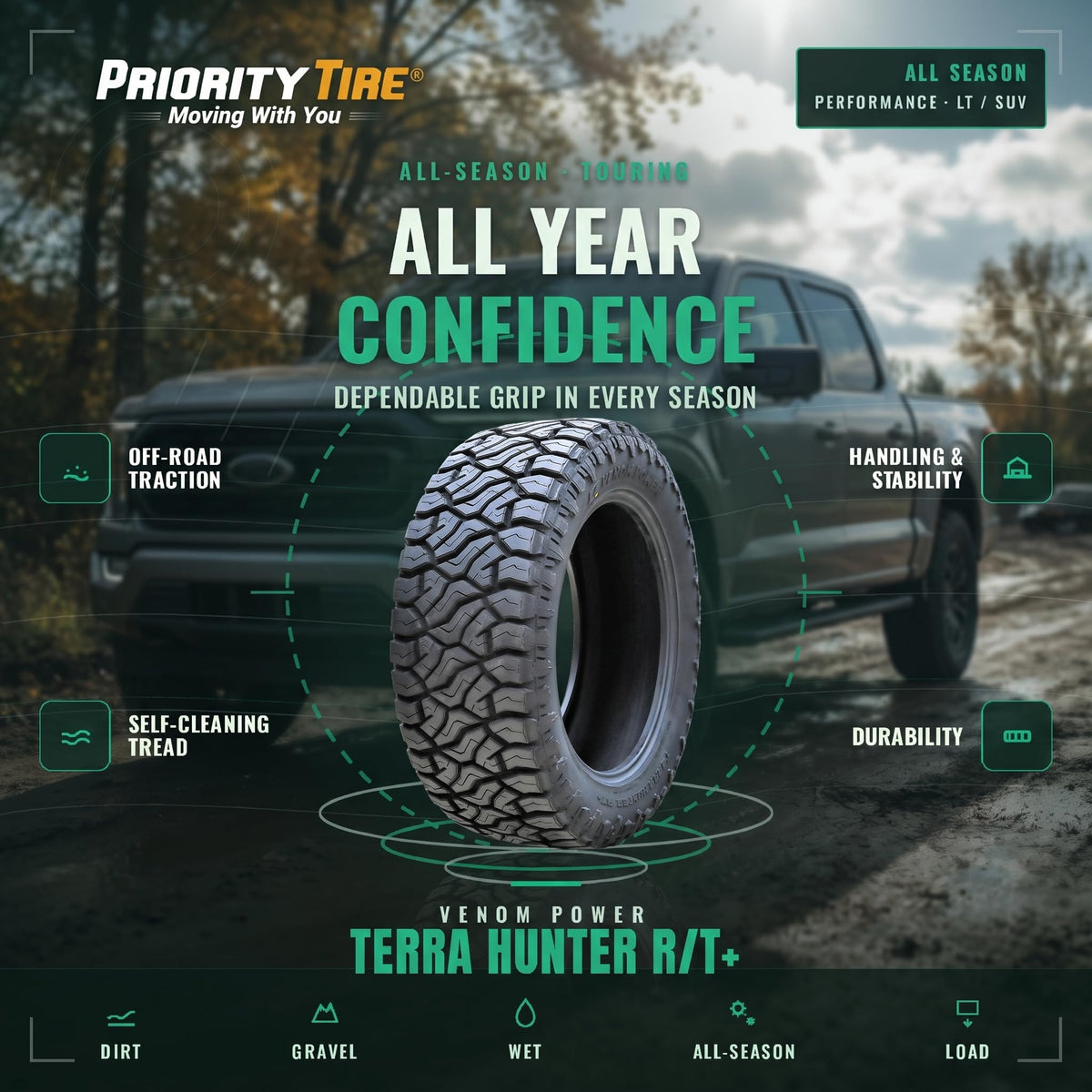 Venom Power Terra Hunter R/T+ LT35X11.50R20 Rugged Terrain E (10 Ply) Tire