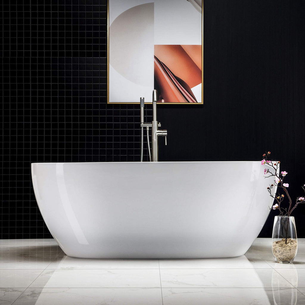 WOODBRIDGE 59"Freestanding White Acylic Soaking Bathtub with Brushed Nickel Drain and Overflow,BTA1518 -B/N-Drain &O