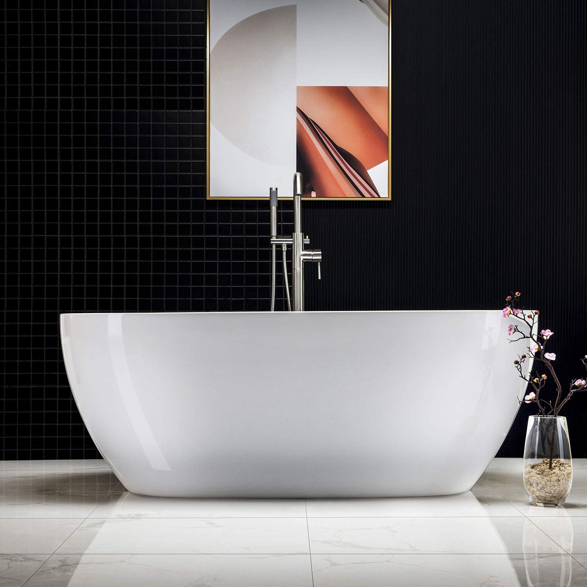 WOODBRIDGE 59"Freestanding White Acylic Soaking Bathtub with Brushed Nickel Drain and Overflow,BTA1518 -B/N-Drain &O