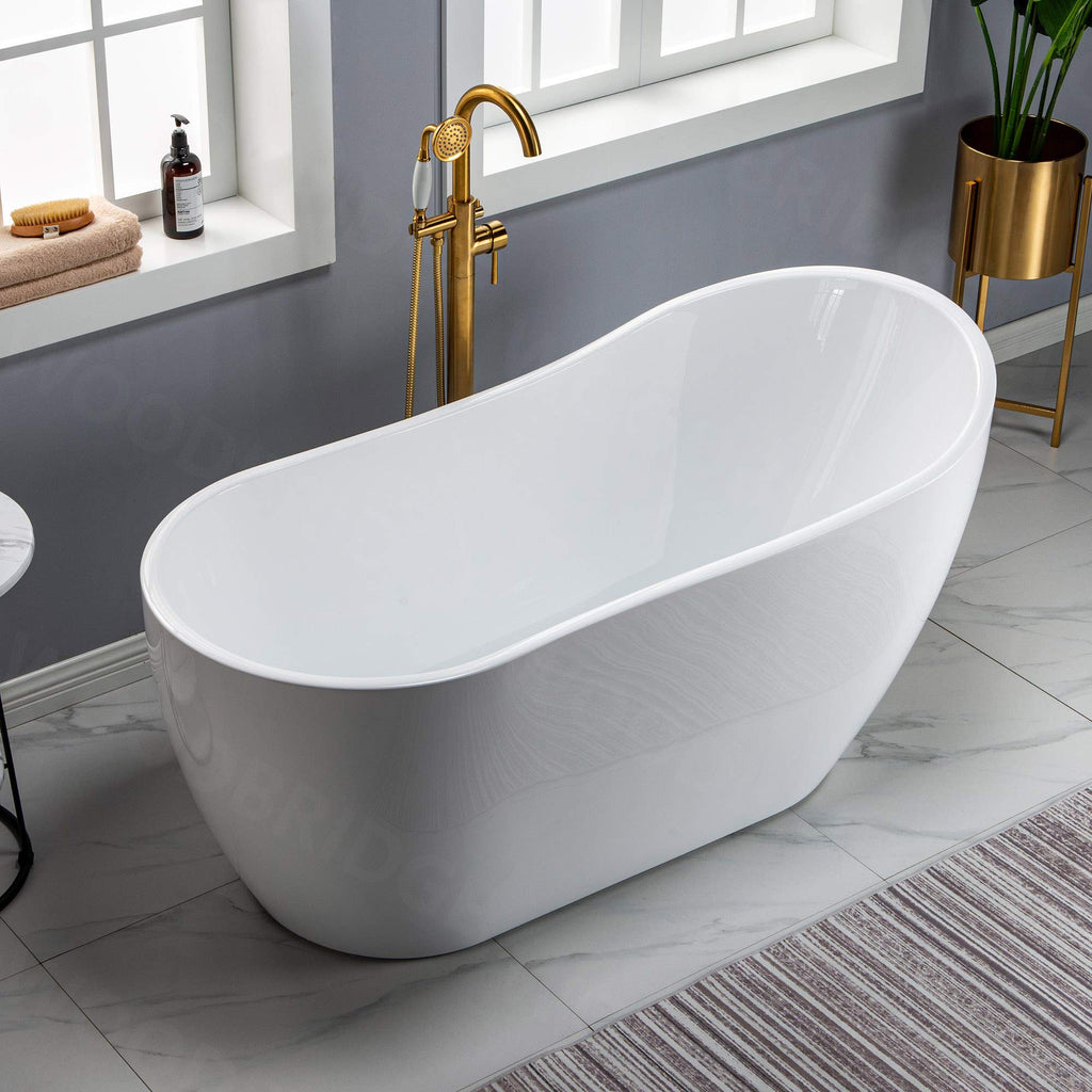 WOODBRIDGE 59" Acrylic Freestanding Bathtub Contemporary Soaking White Tub with Brushed Nickel Overflow and Drainï¼B-1530 -B/N-Drain &O