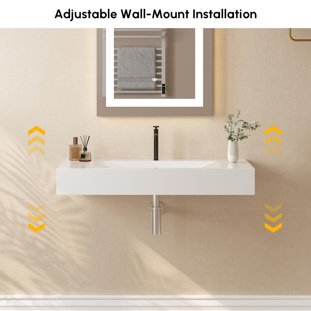 47'' Bathroom Vessel Sink Double-Bowl Bathroom Sink Wall Mounted Trough Floating Sink in Matte White