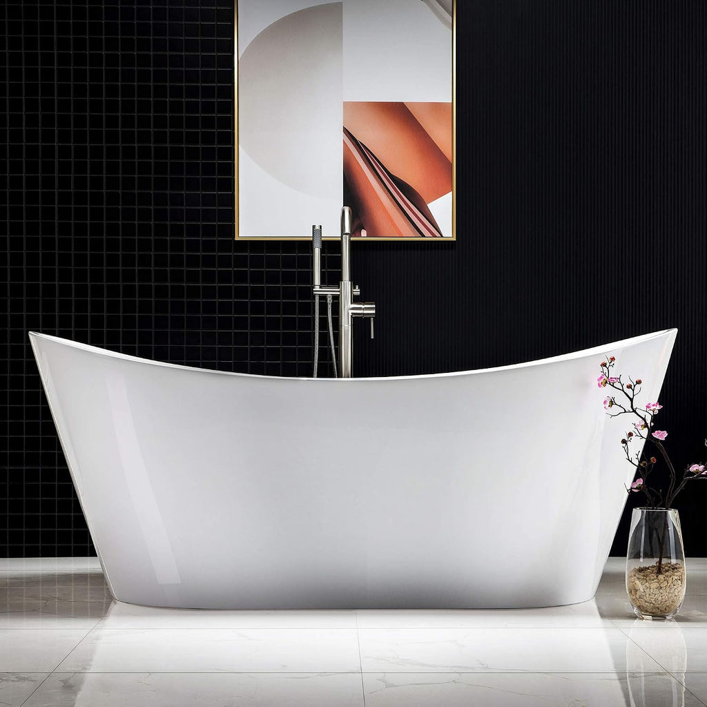 WOODBRIDGE 71"Freestanding White Acylic Soaking Bathtub with Brushed Nickel Drain and Overflow,B0017-BN