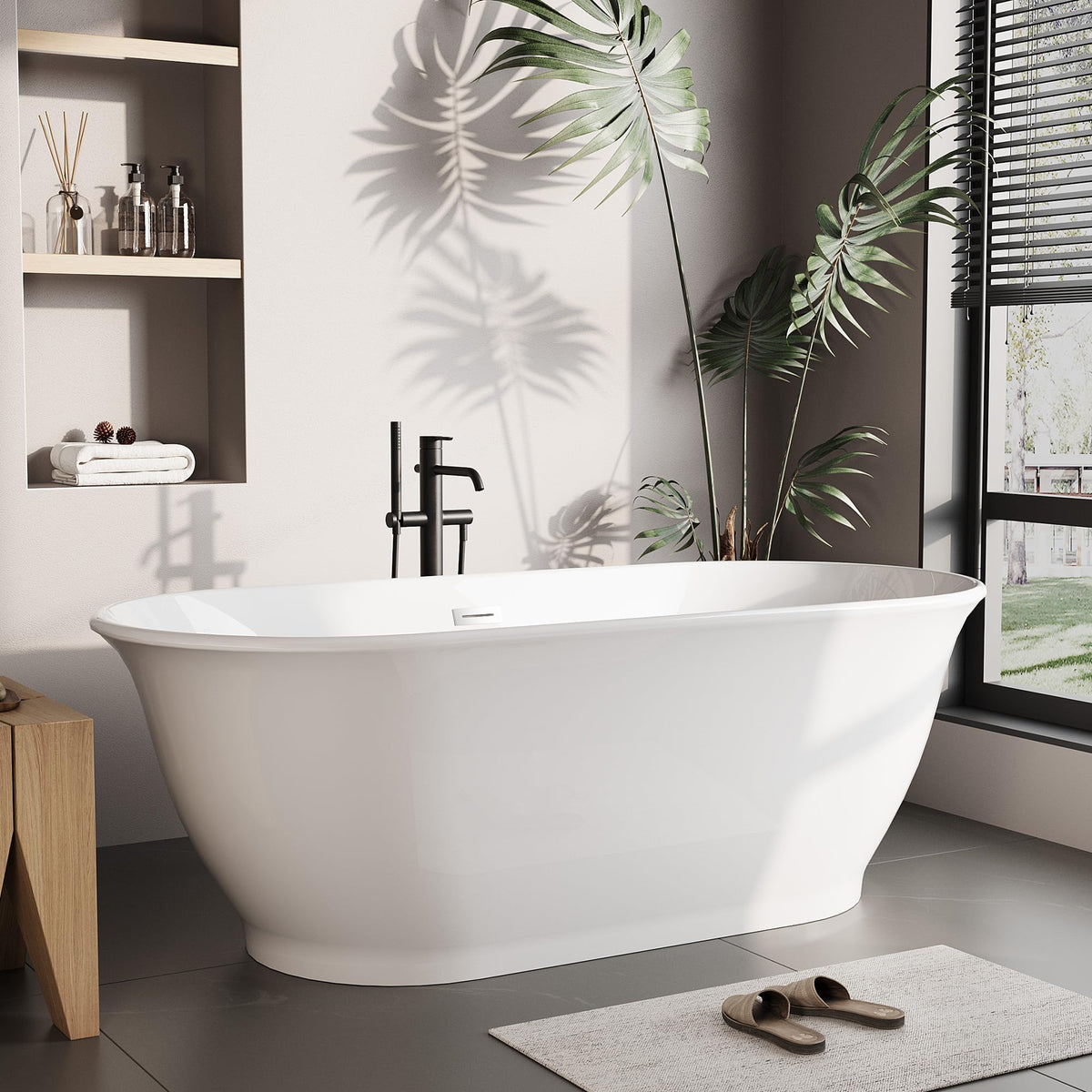 59 Inch Freestanding Bathtubs, White Acrylic Free Standing Bathtub, Modern Soaking Tub with Integrated Overflow & Chrome Drain for Bathroom Remodel