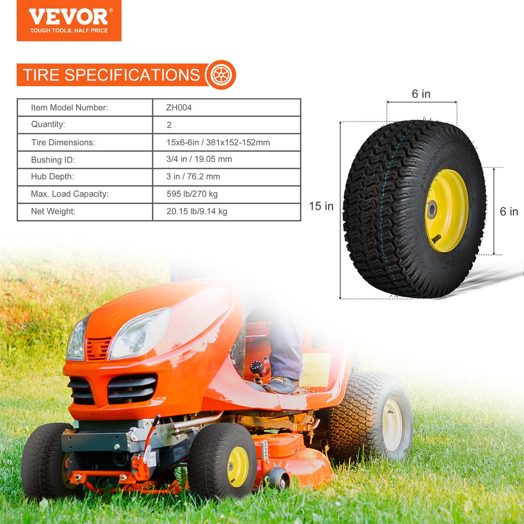 VEVOR Lawn Mower Tires with Rim, 20x8-8" Tubeless Tractor Tires, 2-Pack Tire and Wheel Assembly, S-Turf Pneumatic Tires with 3.5" Offset Hub and 3/4" Bushing Size, for Riding Mowers Lawn Tractors