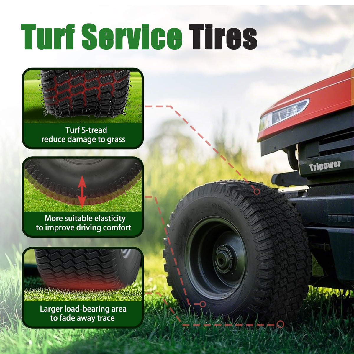 TRIPOWER 24x9.50-12 Lawn Mower Tire, 1 Pack Single Replacement Tire, 4PR Tubeless Turf Tire for Riding Mowers and Garden Tractors, Tire Only, Rim Not Included