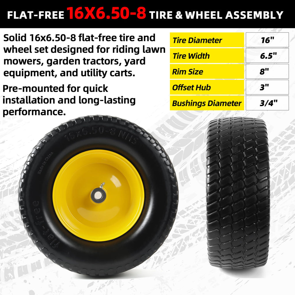 AR-PRO (2-Pack) 16x6.50-8 Flat-Free Tire and Wheel Assemblies, Relacement 16x6.5-8 Solid Turf Tire with Rim for Garden Tractor Riding Lawn Mowers, 3" Offset Hub and 3/4" Bushings