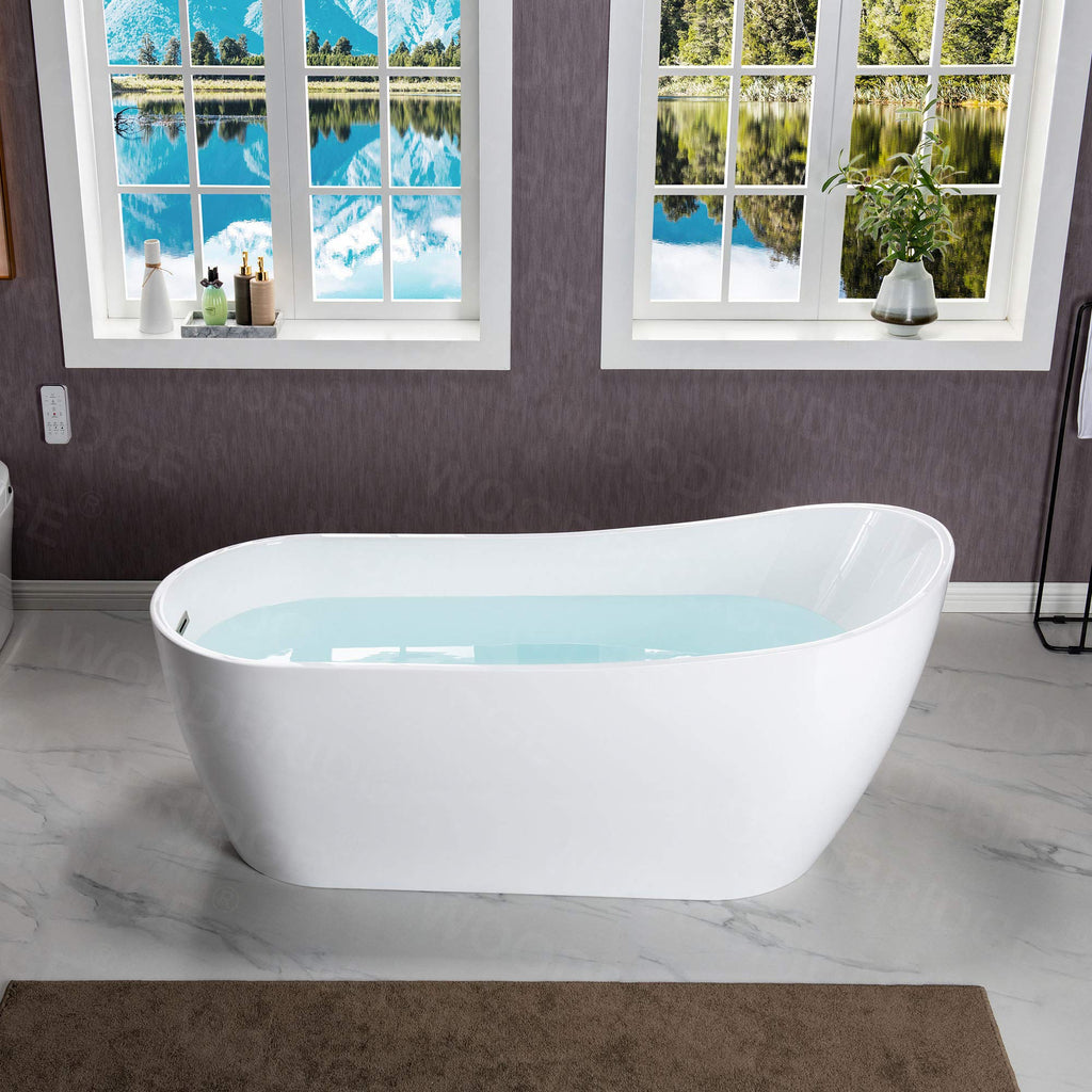 WOODBRIDGE 54"Freestanding White Acylic Soaking Bathtub with Brushed Nickel Drain and Overflow,BTA1507 -B/N-Drain &O