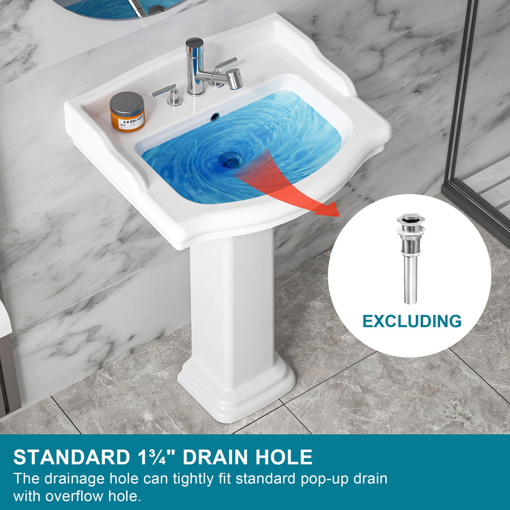 23"x19" Porcelain Retro Bathroom Pedestal Sink White 3 Hole