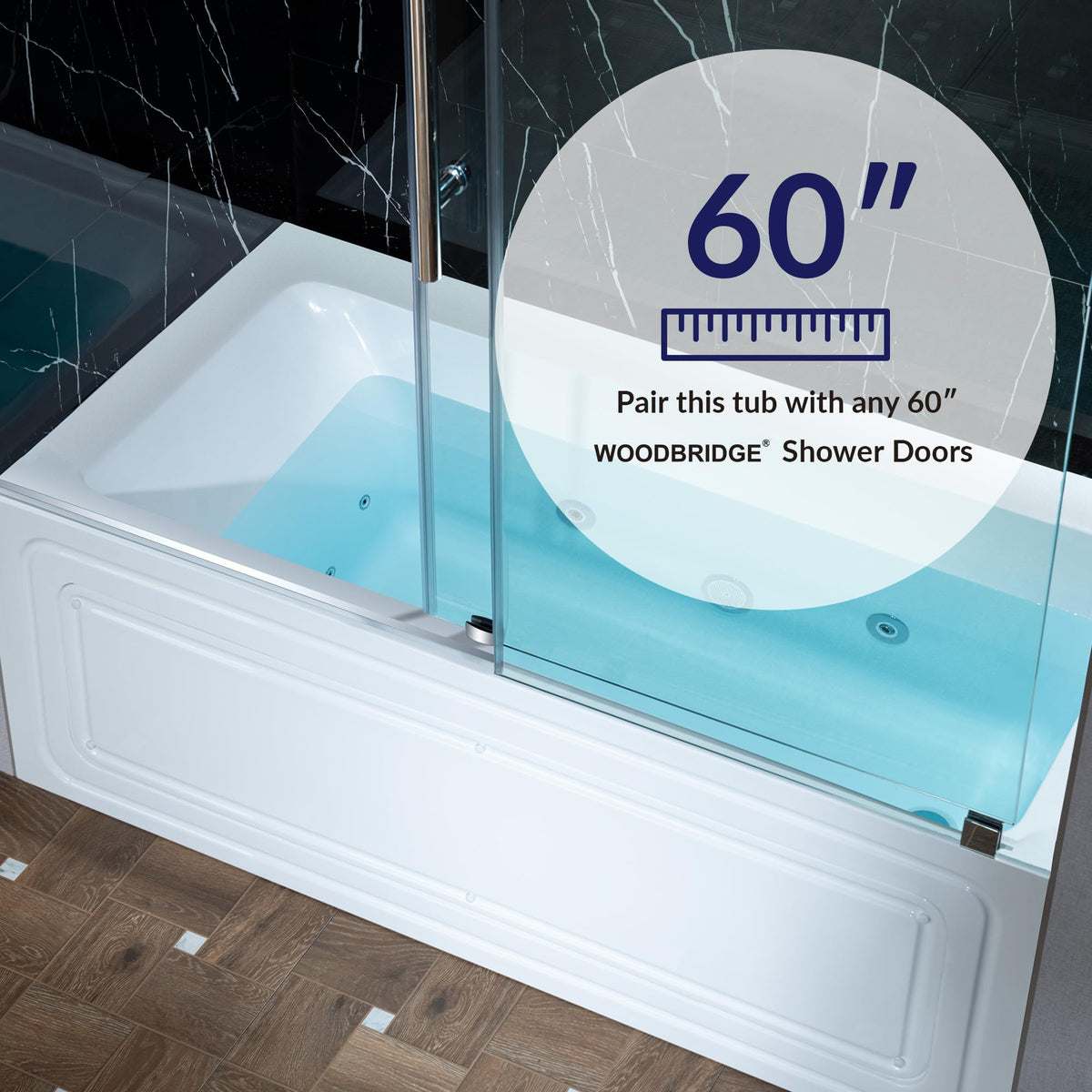WOODBRIDGE 60" x 32" Alcove Acrylic Rectangular Whirlpool Heated Jetted Tub in White with Left Drain, Matte Black Finish, BS429-L-MB02