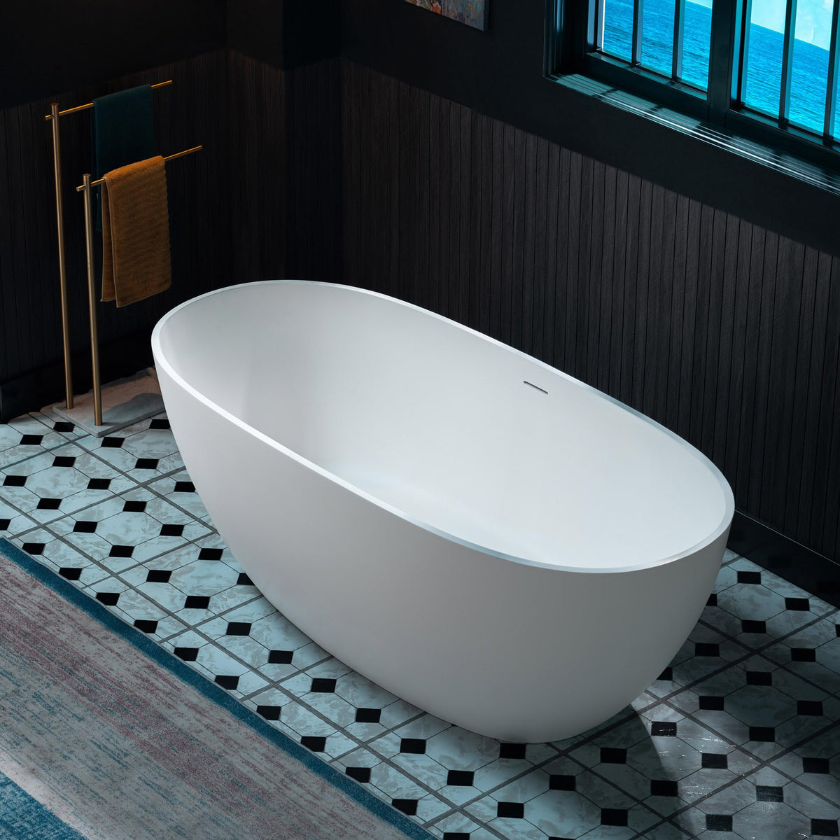 WOODBRIDGE 59" Stone Resin Freestanding Soaking Tub, Modern Oval Solid Surface Bathtub with Integrated Slotted Overflow & Drain, Matte White, B0055
