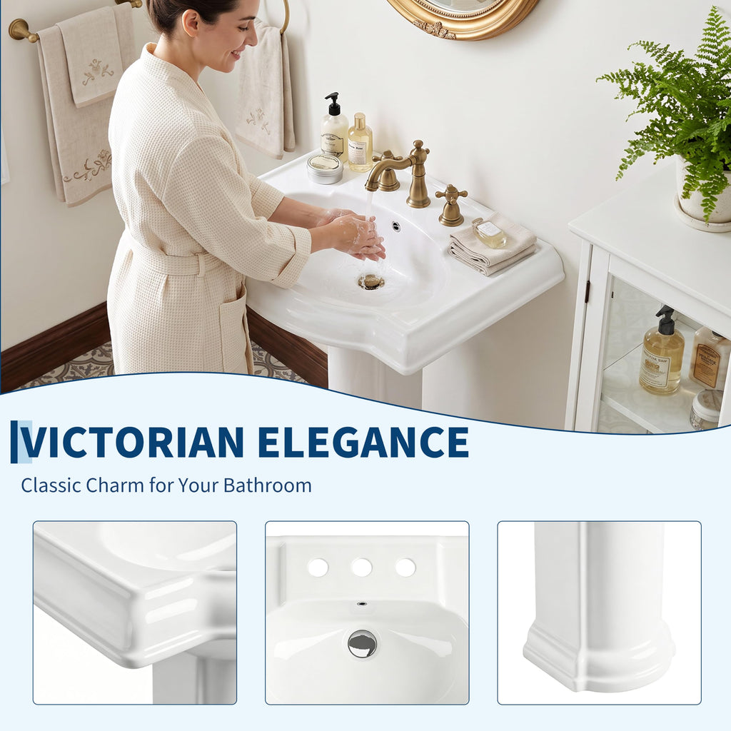 Garvee White Ceramic Pedestal Bathroom Sink, Single Hole Freestanding Basin