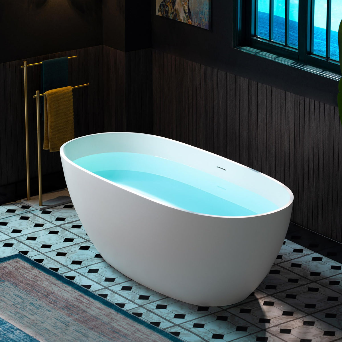 WOODBRIDGE 59" Stone Resin Freestanding Soaking Tub, Modern Oval Solid Surface Bathtub with Integrated Slotted Overflow & Drain, Matte White, B0055