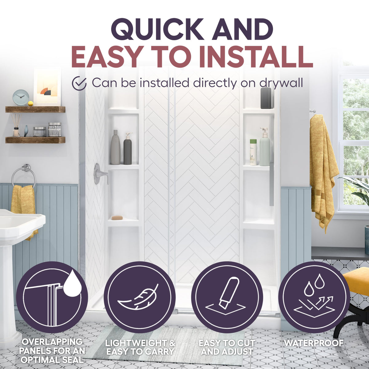 White Acrylic Tub Wall Surround D32 x W60 x H58 - Stacked Tiles Pattern