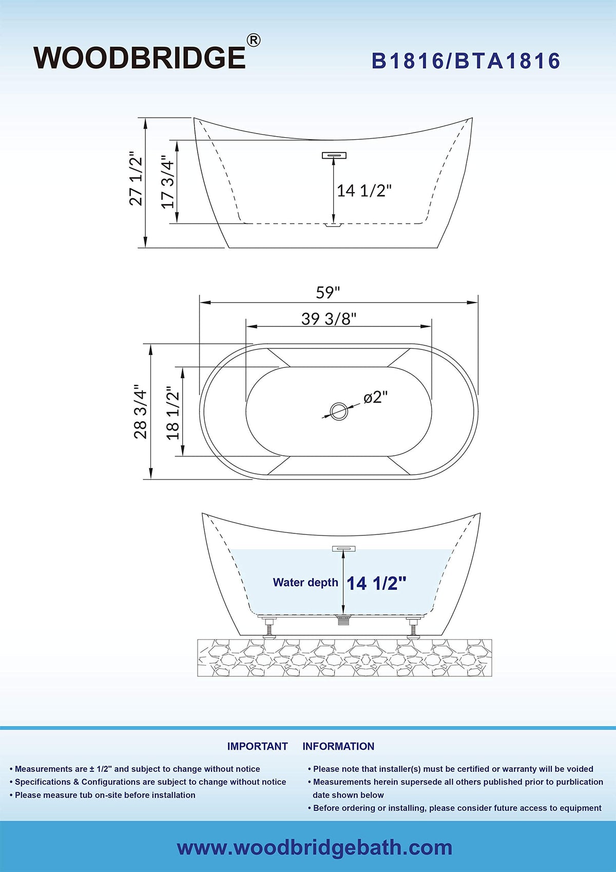 WOODBRIDGE 67" Acrylic Freestanding Bathtub Contemporary Soaking White Tub with Brushed Gold Overflow and Drain,B0010-BG