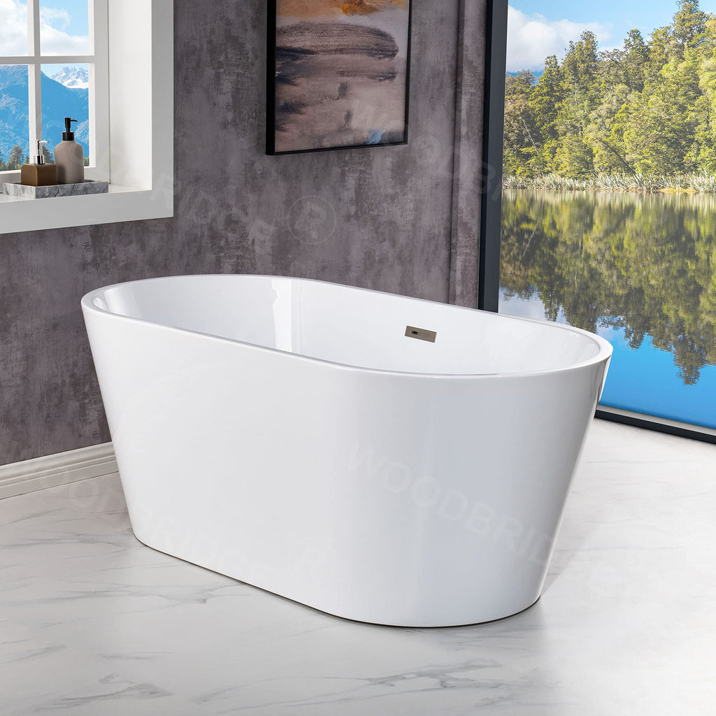 WOODBRIDGE 54" Acrylic Freestanding Bathtub Contemporary Soaking White Tub with Brushed Gold Overflow and Drainï¼BTA1702-BG
