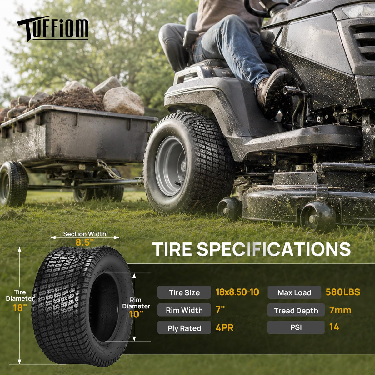 TUFFIOM 20x10.00-8 Lawn Mower Tires 2 Pack, 4PR 20x10x8 Tubeless Lawn Tractor Tires,1190 lbs Capacity Garden Tires, Compatible With Most Lawn & Garden Utility Vehicles