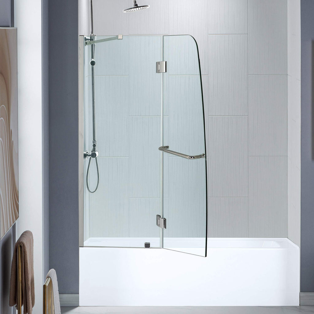 Woodbridge Frameless Hinged Bathtub Shower, 5/16" Tempered Panel, 48" W x 58" H Tub Glass Door in Matte Black Finish, Include Support Bar