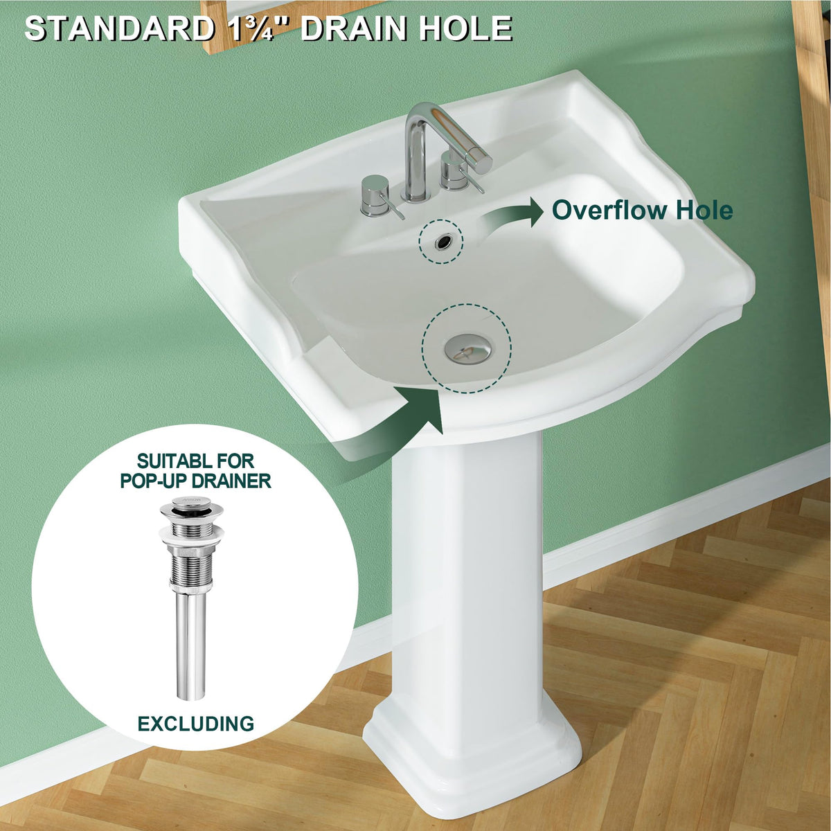 Miuara Freestanding 23 x19 Inch White Pedestal Sink 3 Hole for Bathroom
