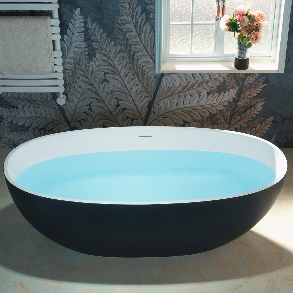 WOODBRIDGE 61" Stone Resin Freestanding Soaking Tub, Modern Oval Solid Surface Bathtub with Integrated Slotted Overflow & Drain, Matte White